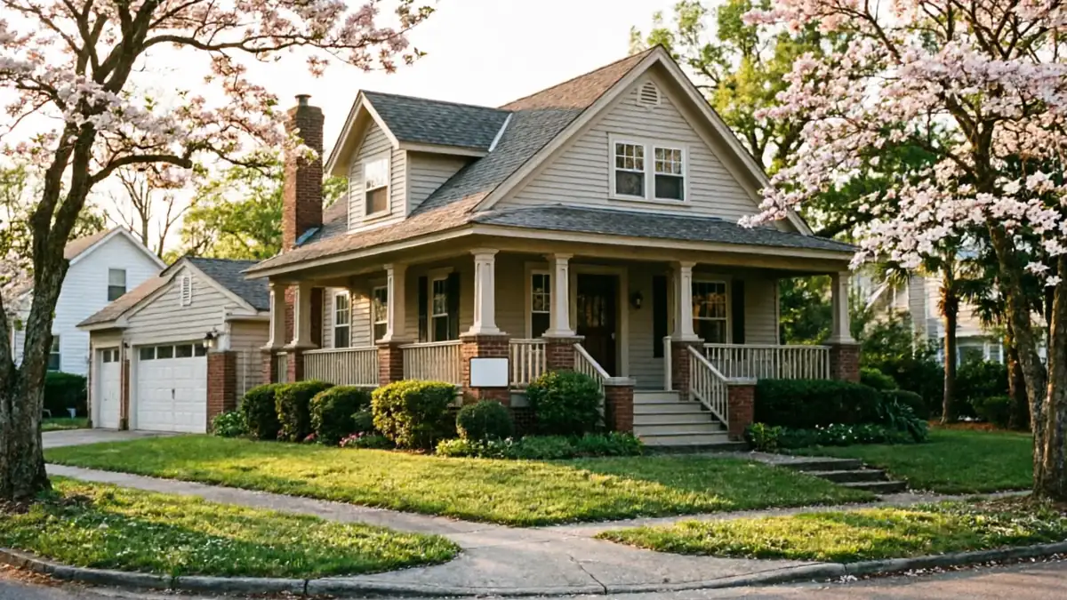 A house with a porch and two white garage doors is visible.