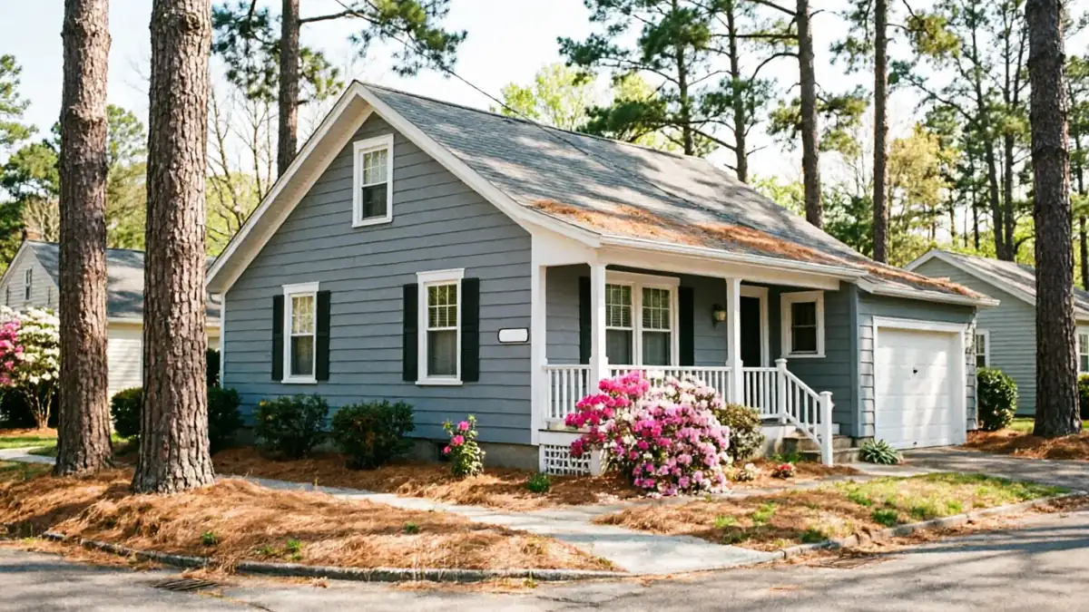 A gray house with a white garage door and a porch with pink flowers.