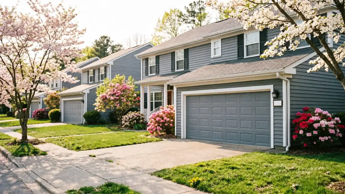 A row of gray houses with gray garage doors and blooming trees.