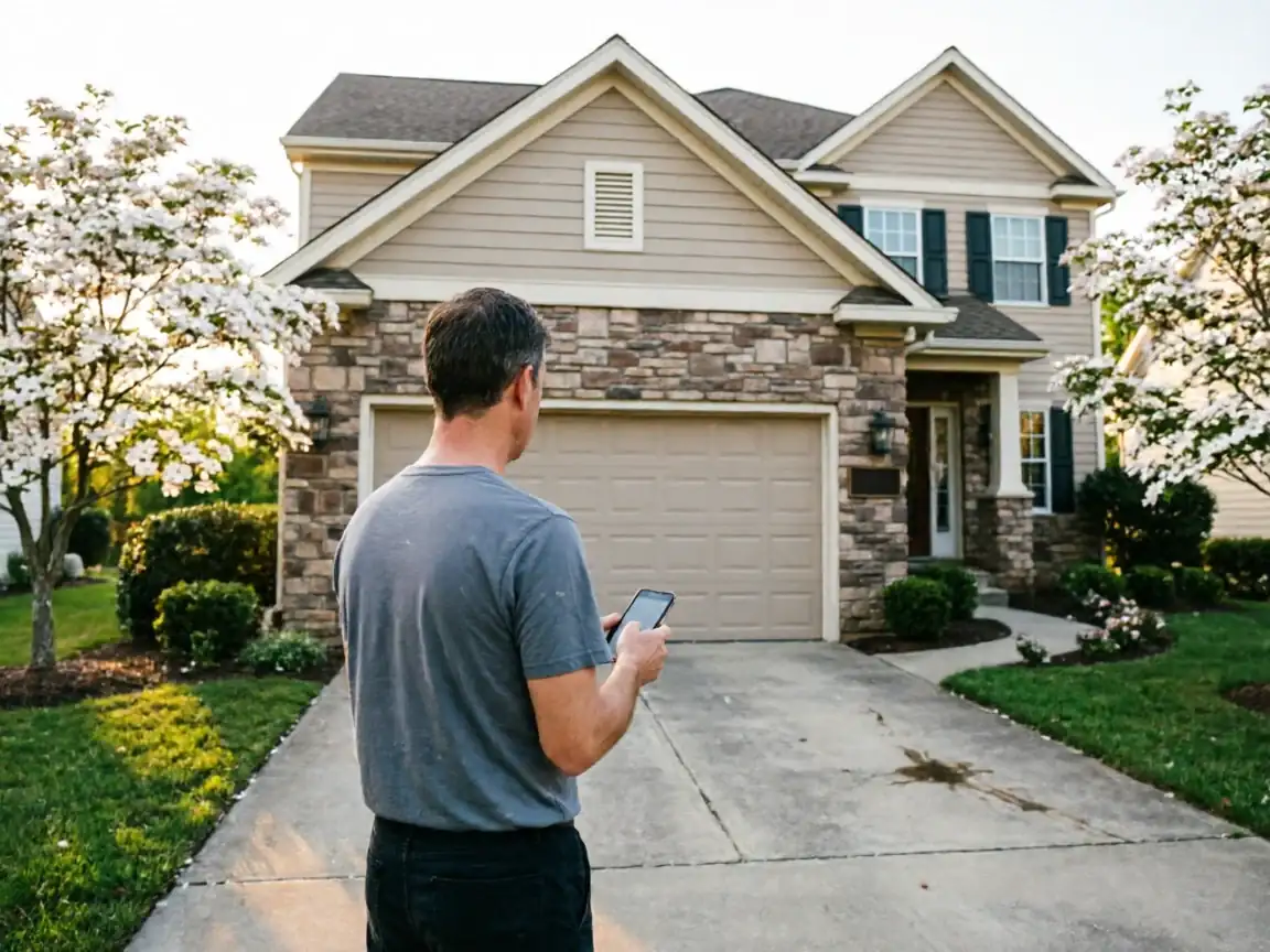 A man stands in a driveway looking at a phone in front of a house.