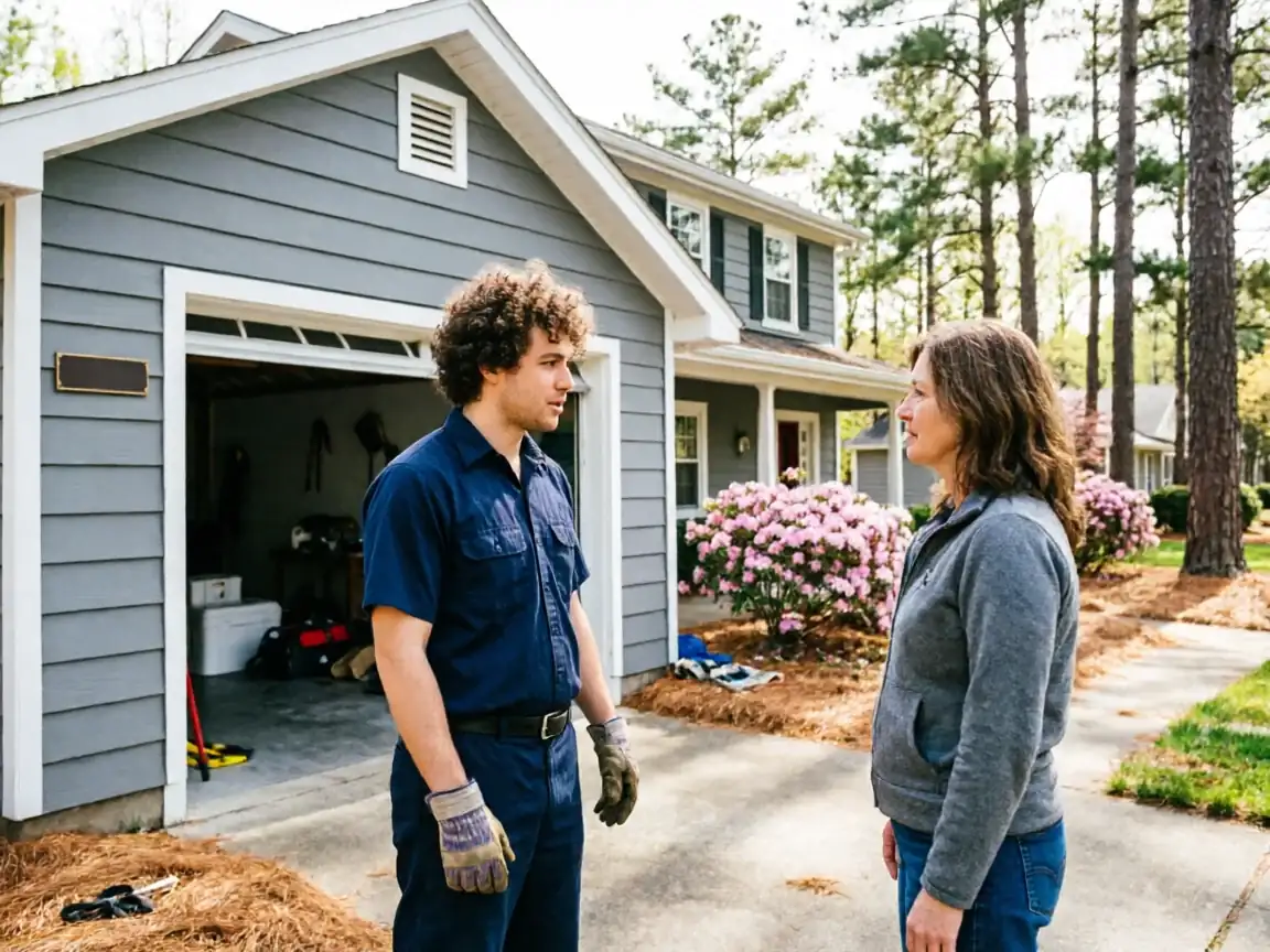 A technician in a blue uniform talks to a woman in front of a gray house.